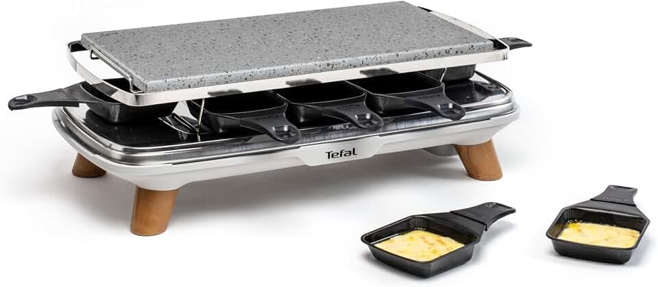 Tefal Pierrade Gourmet Raclette, Steinrake, 2-in-1, für den Innenbereich, 1350 W, Naturstein, 8 Maxi-Tiefschalen, leicht zu reinigen, Grau, Füße in Holzoptik PR620D12