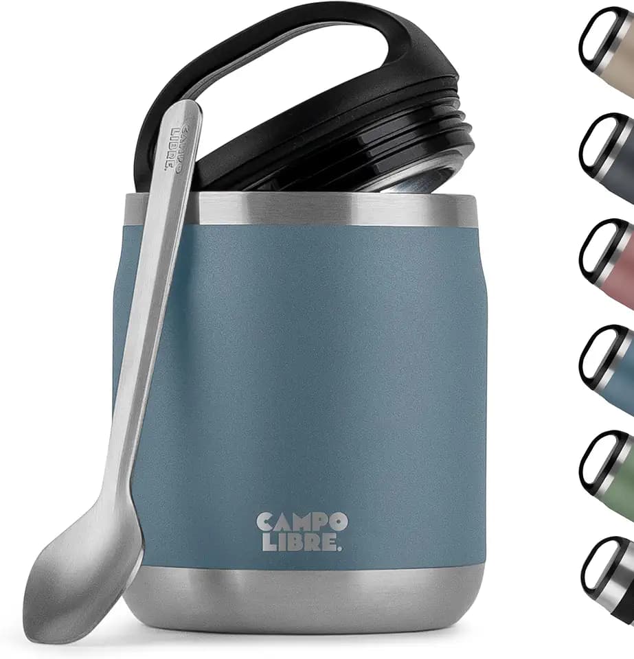Campo Libre.® Lotta, Thermobehälter für Essen, Edelstahl Thermobecher Essen mit Löffel, Warmhaltebehälter Essen, Mueslicup oder Babybrei Warmhaltebox, Thermo-Essensbehälter, Blue, 600ml