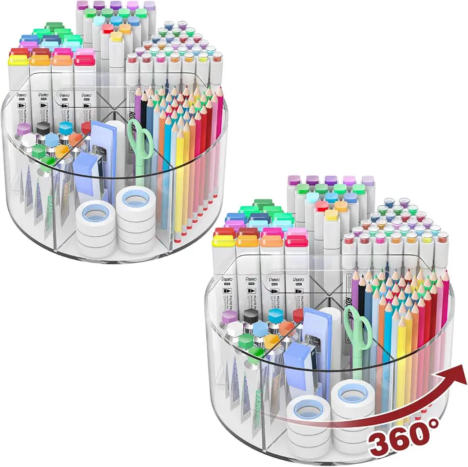 Absonic 500 PCS Acrylic Pencil Holder, 360 Rotating Clear Marker Organizer, Pen Crayon Marker Caddy Organizer for Desk, Desktop Storage and Organizer for Office School Art Supplies, 2 Pack