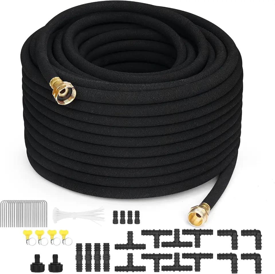 Heavy Duty Soaker Hose 100FT 1/2 Inch Rubber Garden Drip Irrigation Hose with Solid Brass Connector Water Saving Linkable Soaker Hose for Garden Bed Flower Vegetable Lawn