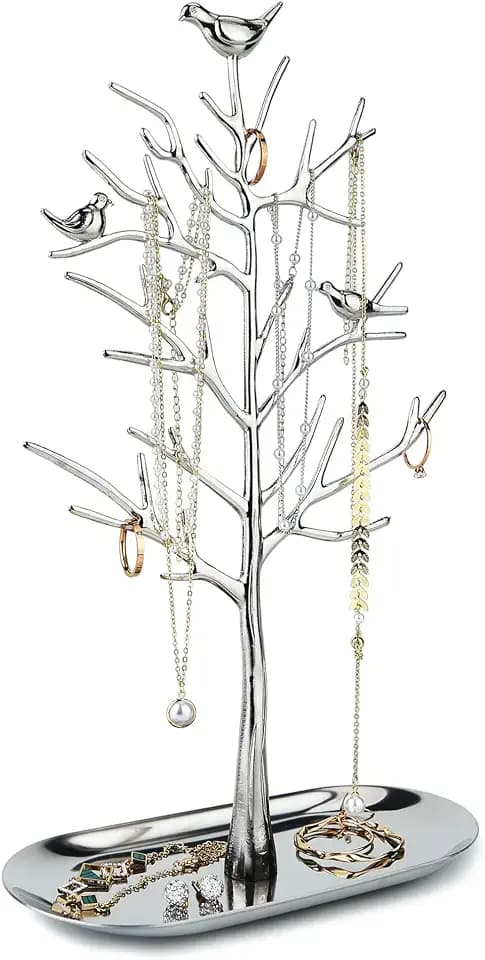 MORE&LESS Zweig Schmuckständer mit Metalltablett Farbe Luxus Baum Turm hängende Aufbewahrungsstücke für Ringe Ohrringe Halsketten Armbänder Geeignet für Wohnzimmer Bad Büro etc.