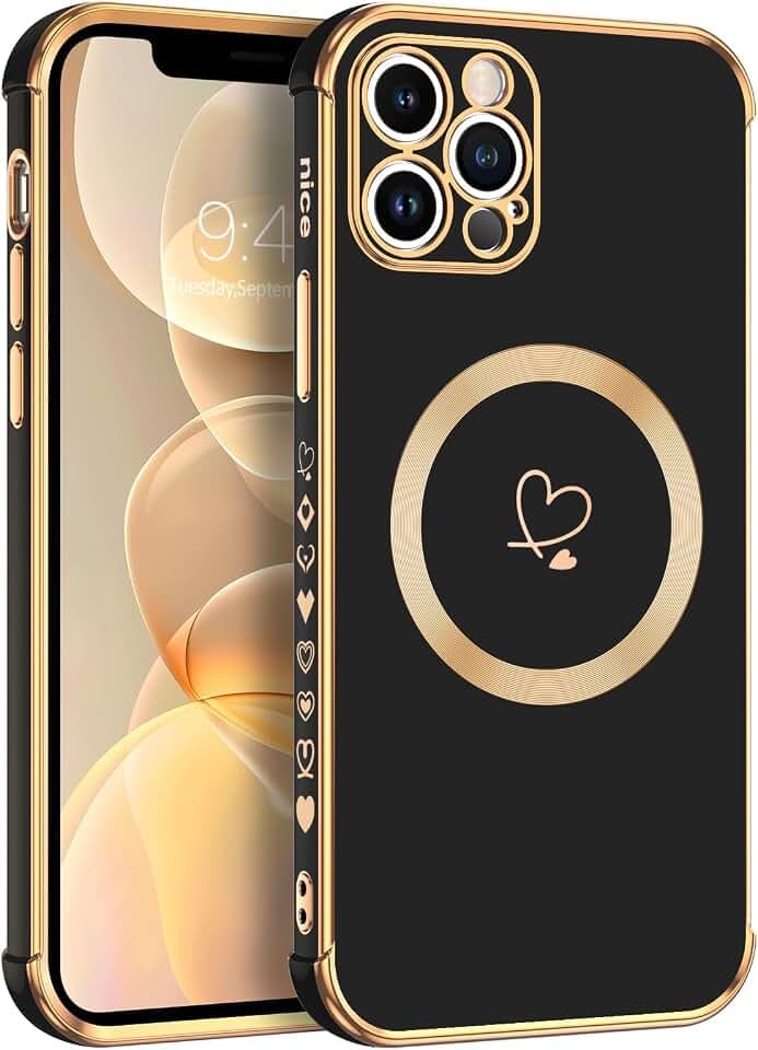 Telaso Magnetische Hülle für iPhone 12 Pro Max, Handyhülle für iPhone 12 Pro Max Niedliches Herz Muster [ Kompatibel mit MagSafe ] Weiche Plattierung Abdeckung für Frauen, Schutz der Kamera, Schwarz