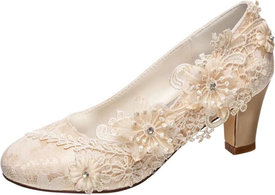 Wedding Shoes Women's Silk Like Satin Chunky Heel Pumps with Stitching Lace Flower Crystal Pearl