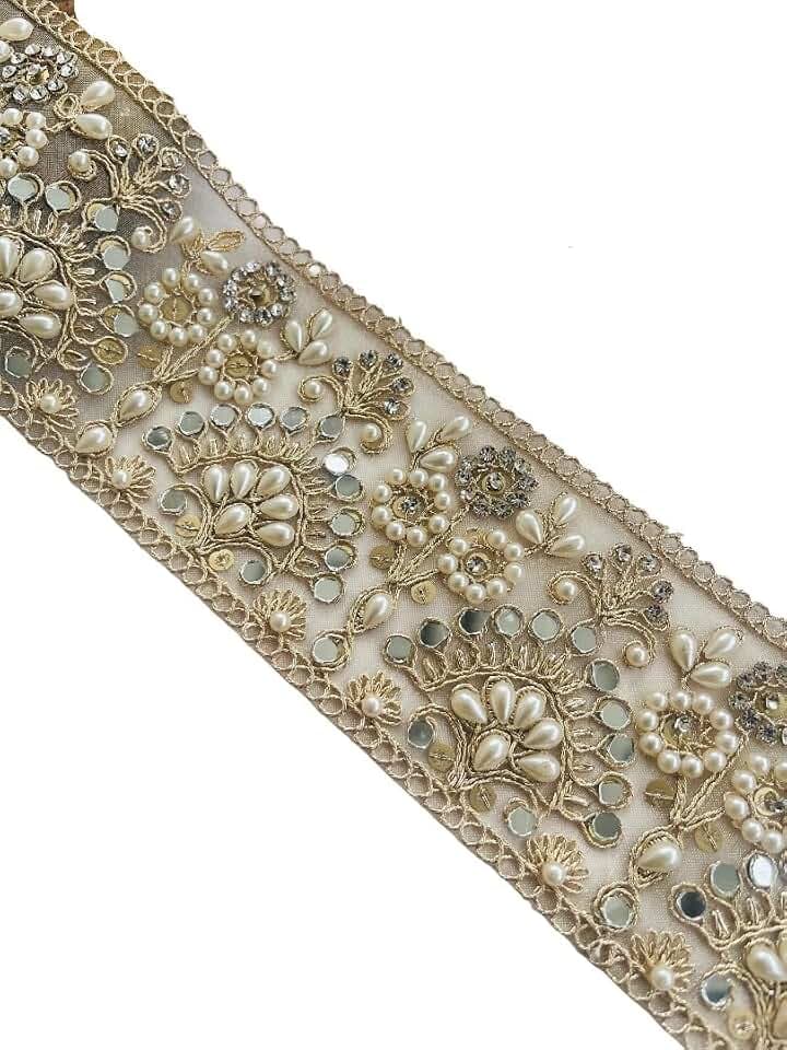 Pale Gold Zari Lace Trim with Pearl & Mirror Work – 2.75 Inch Wide Indian Embroidered Border for Sarees, Dresses, Crafts & Home Décor – 1, 3, 6 Yard Options (1)