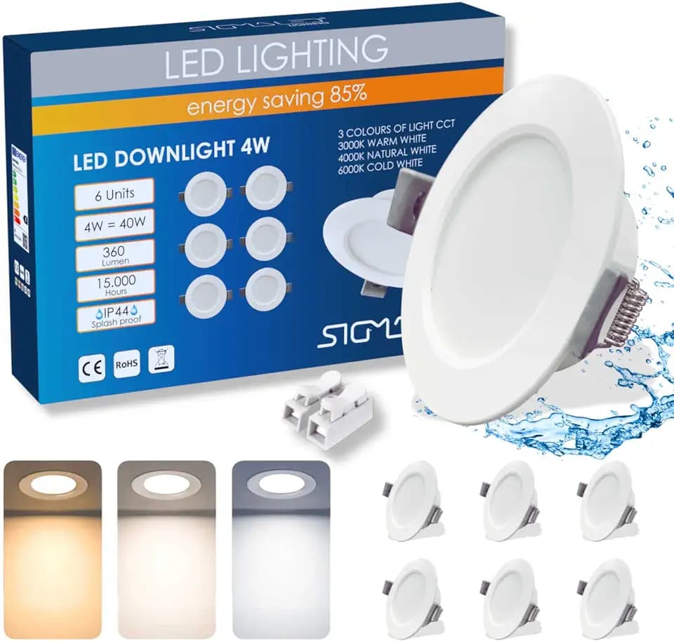 Sigmaled lighting – 6x LED Einbaustrahler 4W 360 lm, 3 Farbtemperaturen 3000K 4000K 6000K, IP44 Bad, ultraflach, Ausschnitt Ø70–80 mm, 220–240V, Gipskarton, Innen und Außen überdacht