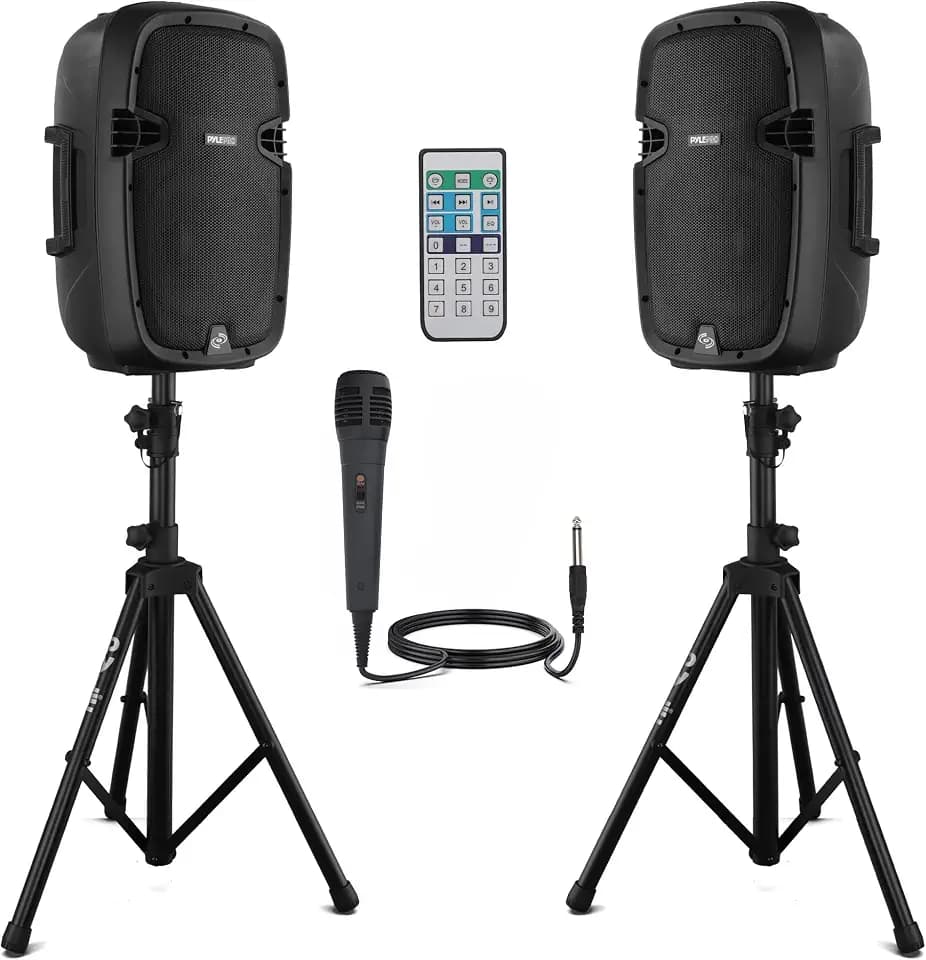 Pyle 10" Wireless Portable PA System - 1000W High Powered Bluetooth Compatible Active + Passive Pair Outdoor Sound Speakers w/USB SD MP3 AUX - 35mm Mount, 2 Stands, Microphone, Remote - PPHP1049KT