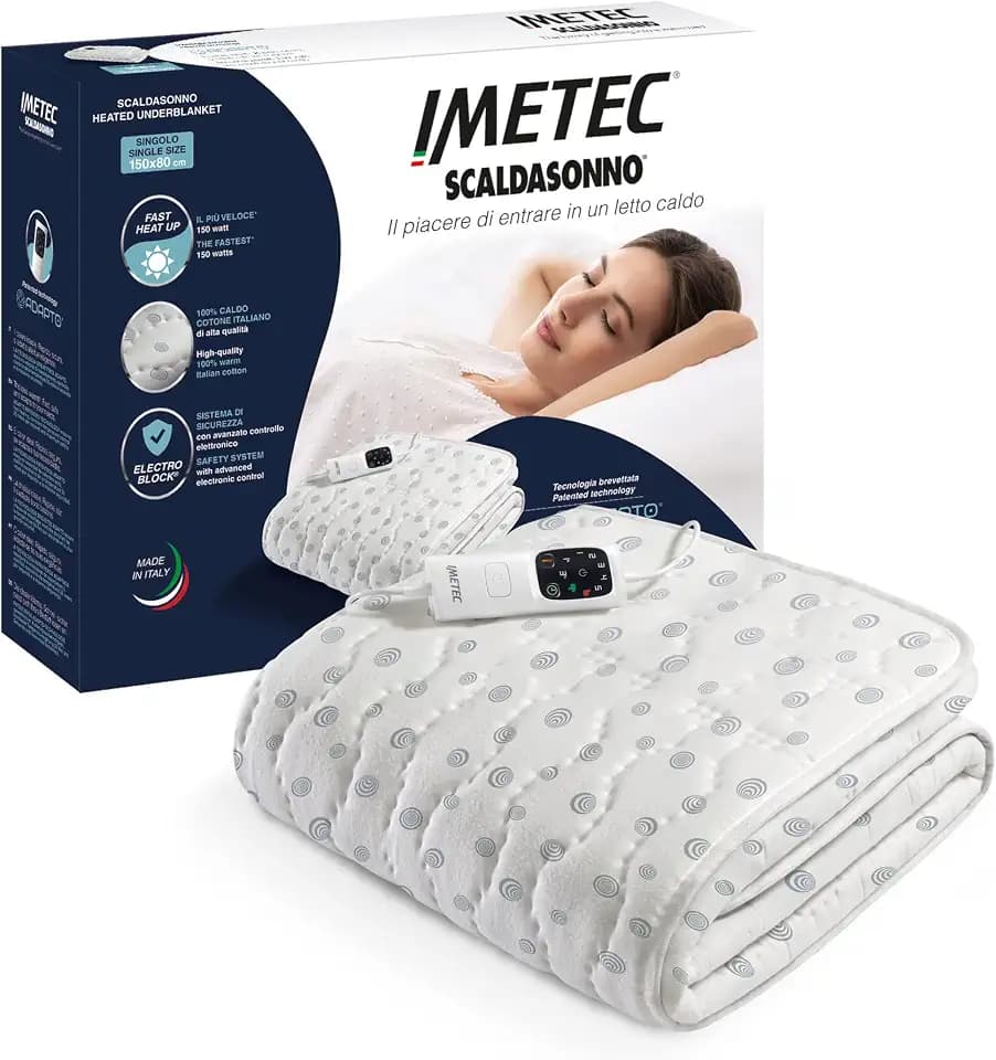 Imetec Adapto, Wärmeunterbett für franz. Bett, 150x120 cm, geringer Verbrauch, patent. Technologie, schnelle Erwärmung, person. Temp., 100 % Baumwolle, Made in Italy, Steuerung mit 6 Temp