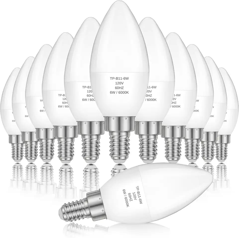 GGOYING E12 LED Candelabra Light Bulbs 60W Equivalent, 6W 6000K Cool White, 600LM 85+ CRI Chandelier Bulbs, B11 Candle Shape Bulb, Non-Dimmable, Pack of 12