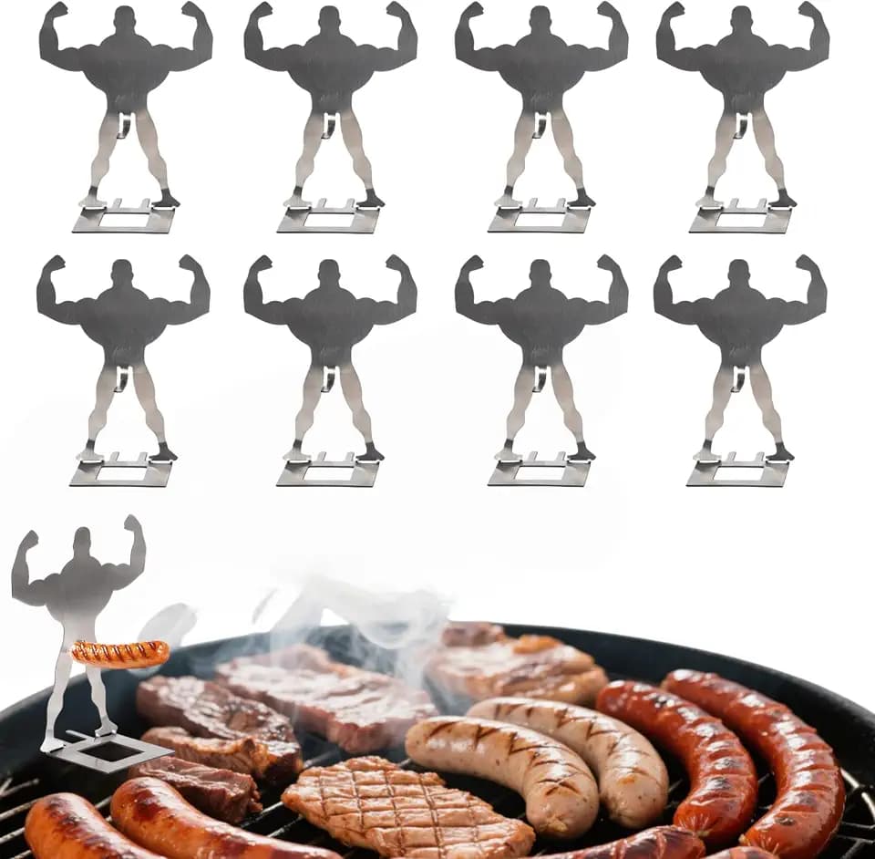 8 PCS Funny Hot Dog Holder and Sausage Stand-Standing Muscle Man Sausage Barbecue Rack-Hot Dog Grill Holder Man-Portable Reusable Stainless Steel Hotdog and Sausage Roaster for Camping,Trip