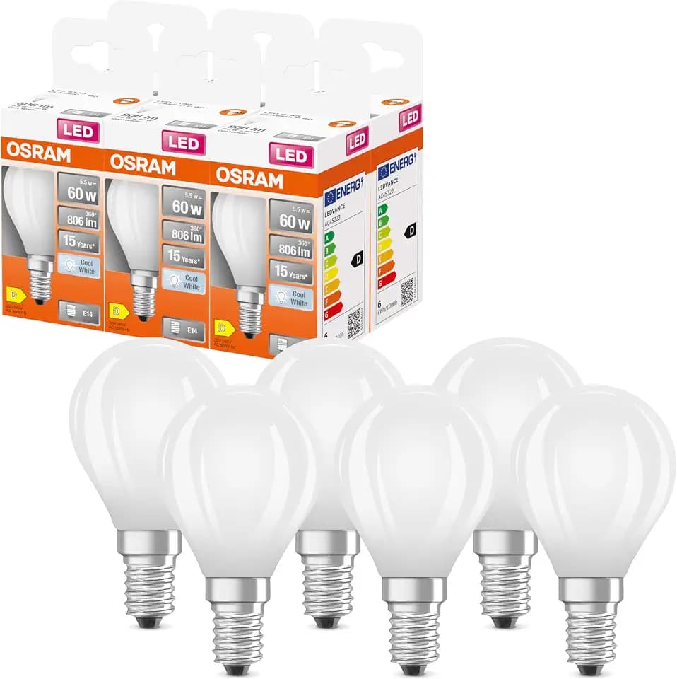 Osram LED Star Globe LED-Lampe in klassischer Miniballform, 5.5 W / 806 lm, 4000 K für kaltweißes Licht, CRI 80, aus gefrostetem bleifreiem Glas, E14 Sockel, IP20, EEK D, 45mm DM,6-Pack