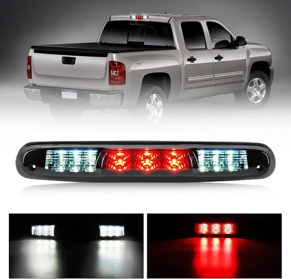 OPP ULITE Led Third Brake Light for Chevy Silverado GMC Sierra 1500 2500HD 3500HD 2007-2013, Red High Mount Stop 3RD Brake Light, White Cargo Lights, Smoked Lens, 1PC Pack