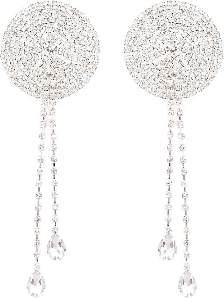 Naimo Damen Nippel Cover Glänzenden Strass Nippelabdeckung Wiederverwendbare Selbstklebende Nippelpads Brust Aufkleber Rave Pasties mit Quasten