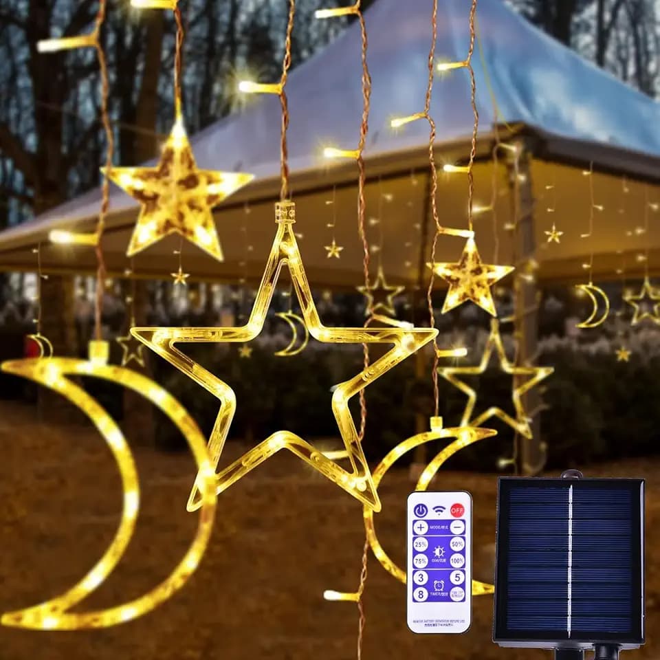 138 LED Ramadan Decorations Light Solar Moon Star Lights String Light Outdoor Waterproof Solar Powered Curtain Lights with 8 Modes Ramadan Hanging Decor for Patio (Warm White)
