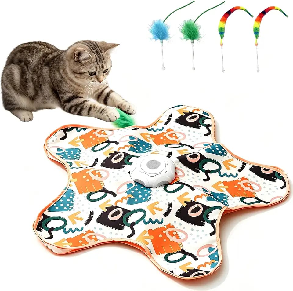 Interactive Cat Toy for Indoor Cats,Rechargeable Touch Activated Hide and Seek Cat Toys with Bird Squeaky,2000 mAh Battery,Cats Feather Toy with 4 Cat Wands Colorful,for All Breeds