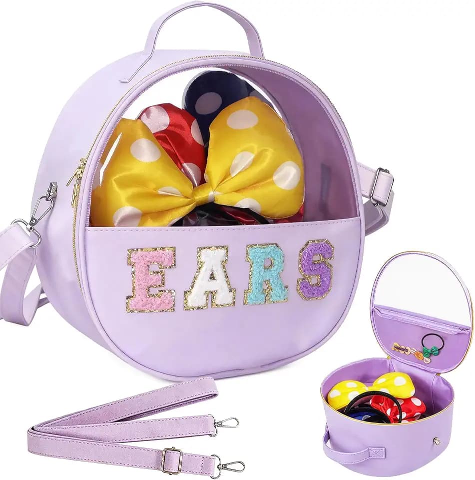 Translucent Mouse Ears Travel Case, Chenille Letter Headband Ears Holder Waterproof Hair Accessories Organizer Storage for Women Adults Gift Large Thicken Makeup Snack Bag for Park Travel