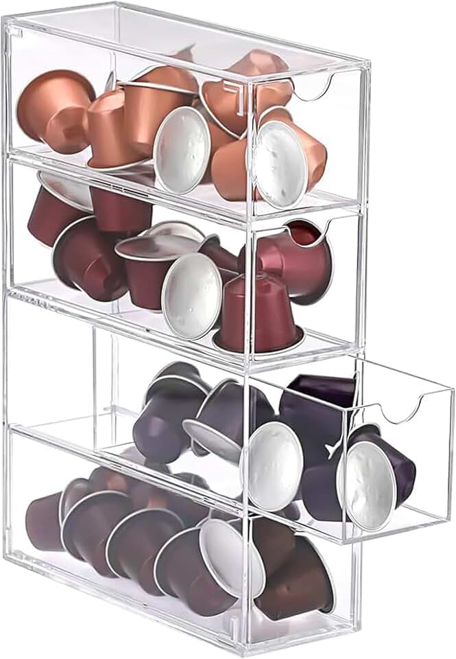 1 Stück Aufbewahrungsschublade für Kaffeekapseln-transparenter Kaffeekapselhalter-Kompatibel mit Nespresso Kapseln-24.7 x 17.6 x 6,6 cm-Acryl Aufbewahrung mit 4 Schubladen (1, Transparenter)