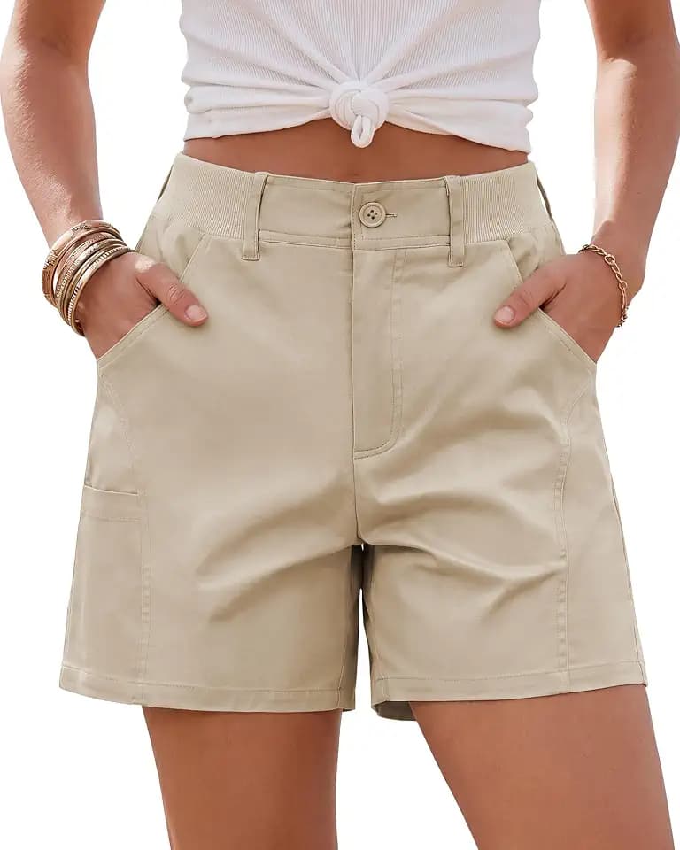 luvamia Shorts for Women Trendy Casual Summer High Waisted Chino Shorts Ribbed Elastic Waist Comfy Shorts with Pockets