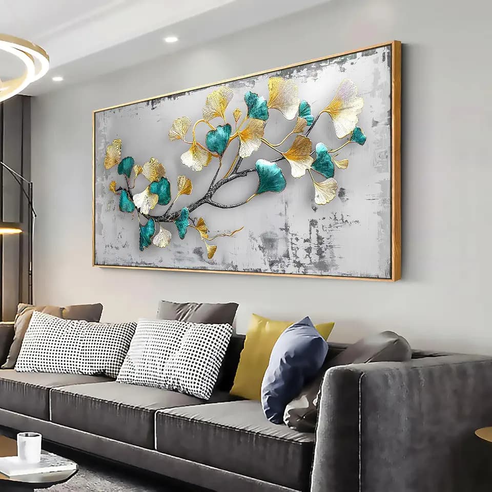 Ginkgo Leaf Wall Art Modern Botanical Canvas Painting Framed 24"x48"