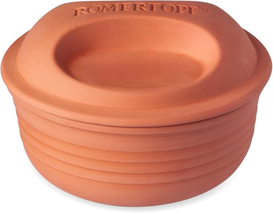 Römertopf Multibräter rund aus Naturton, Keramik Bräter für bis zu 4 Personen, 2 Liter Volumen, Ø 22,5 cm, Höhe 16,5 cm, fettfrei garen im Ofen, ideal für Brot, Aufläufe, Braten und kalorienarme Küche