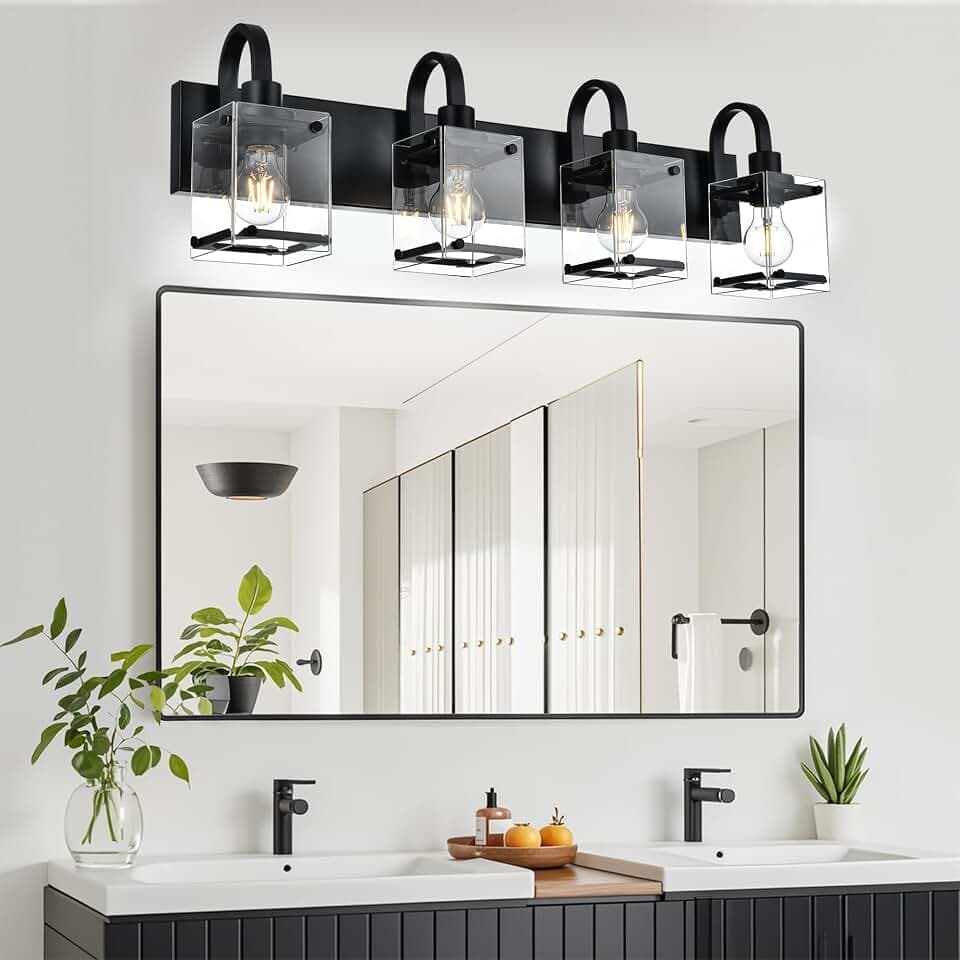 TODOLUZ 4-Light Bathroom Wall Light Fixtures,Black Bathroom Modern Vanity Light with Clear Glass Shade Wall Sconce for Bathroom Hallway Living Room Cabinet Porch