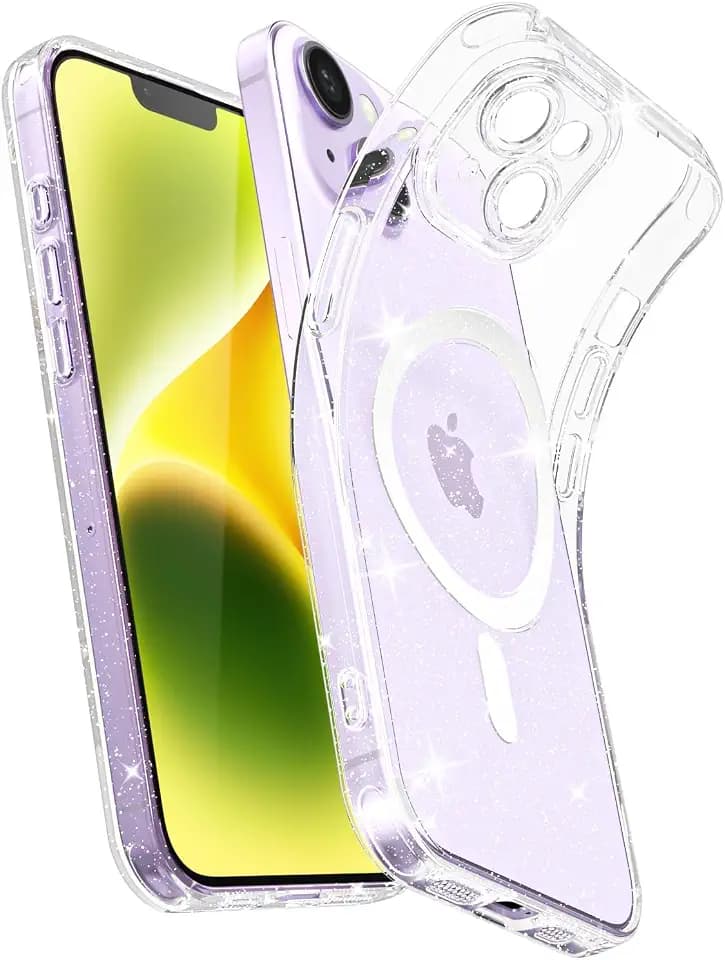 Svanove Soft Clear Glitter Case for iPhone 14 Case Bling Magnetic, Compatible with Magsafe Ultra Slim Thin Transparent Sparkly Sparkle SafeCase, Non-Yellowing TPU Rubber Mag Safe Girly Cover