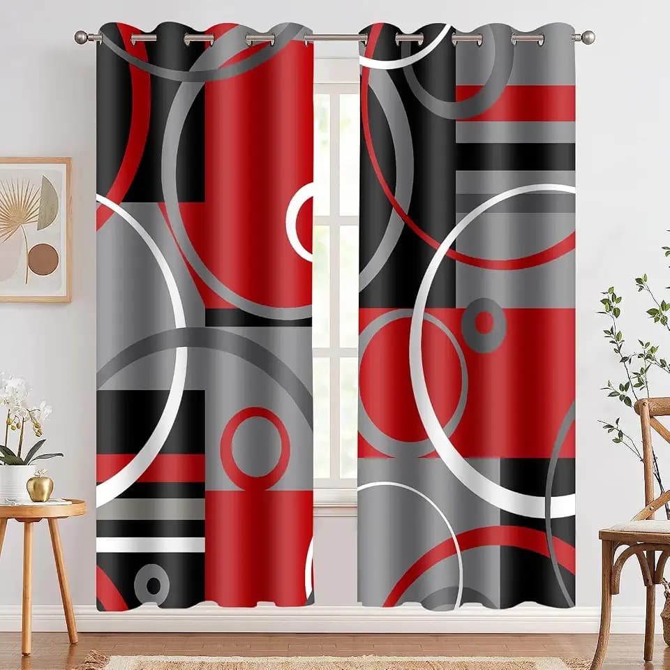Red and Black Blackout Curtains Geometric Line Plaid, 52x84 Inch