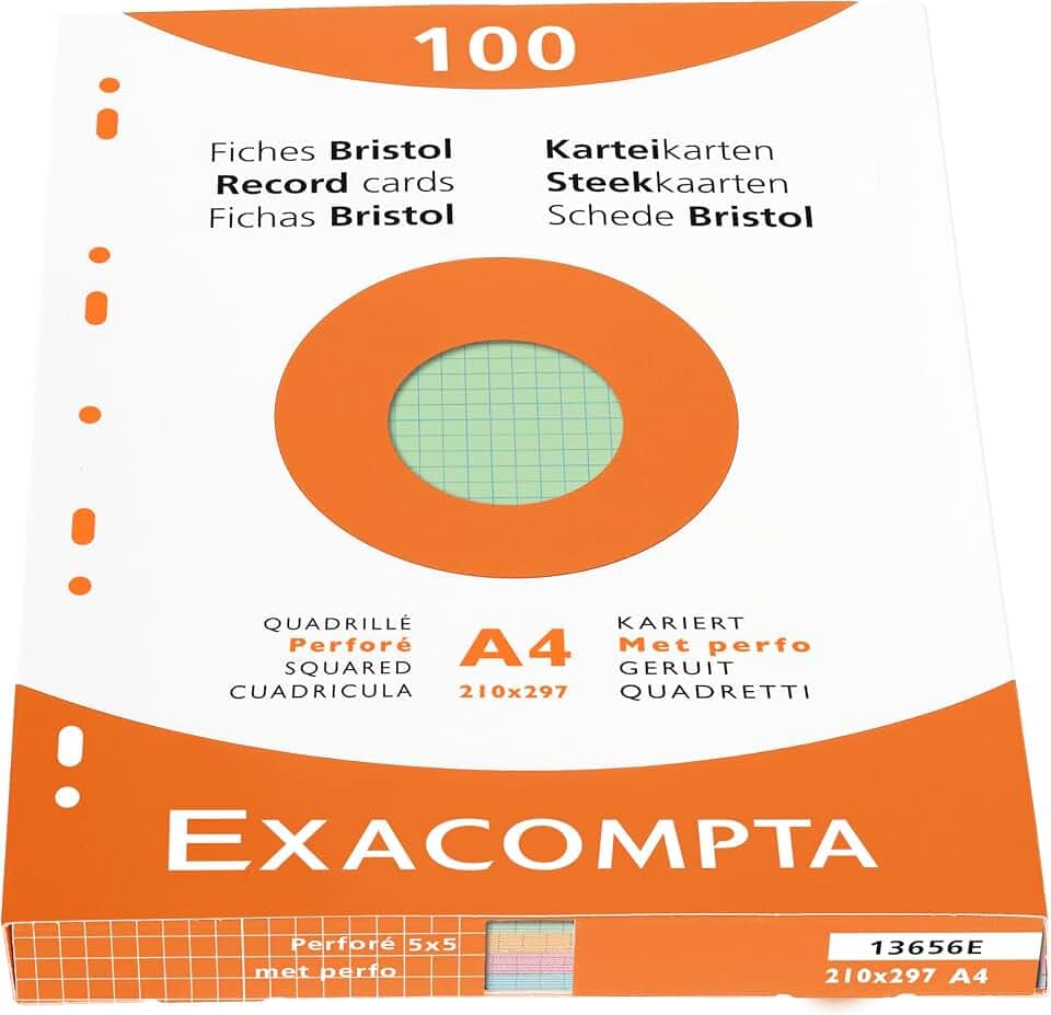 Exacompta 13656E Karteikarten (205q/qm Karton, holzfrei, DIN A4, kariert, gelocht) 100er Pack gemischte Farben