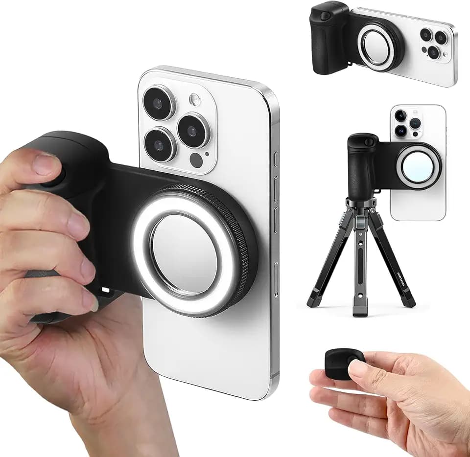 Smartphone Handle Grip, Magnet Handgriff mit Abnehmbarer Drahtloser Bluetooth Fernbedienung, 1/4" Gewinde, Dimmbar Aufhelllicht, Kompatibel iPhone Android Phone, für Selfies, TIKTOK, VLOG