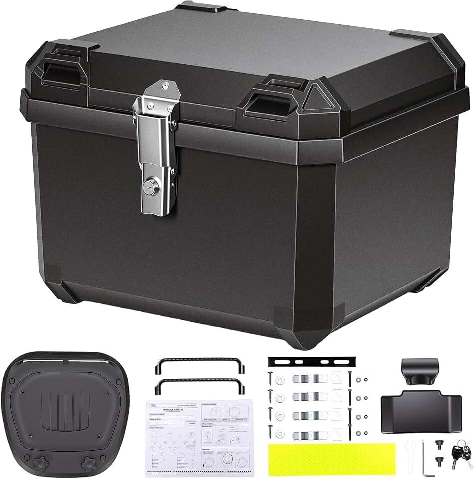 KEMIMOTO Motorcycle Top Case 56L, Universal Plastic Motorbike Trunk with Lining, Waterproof Detachable Motorcycle Top Box with Lock & Back Cushion (Black)