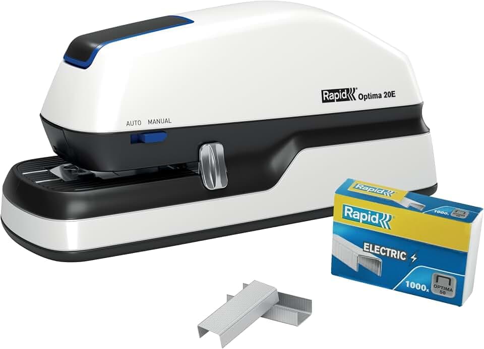 Rapid Optima 20E Elektrischer Tacker, Set aus Tacker und 1000 x Heftklammern, Kapazität 20 Blatt, mit LED-Anzeige, ideal für Büro und Home Office, 5 Jahre Garantie, Weiß, 2102351