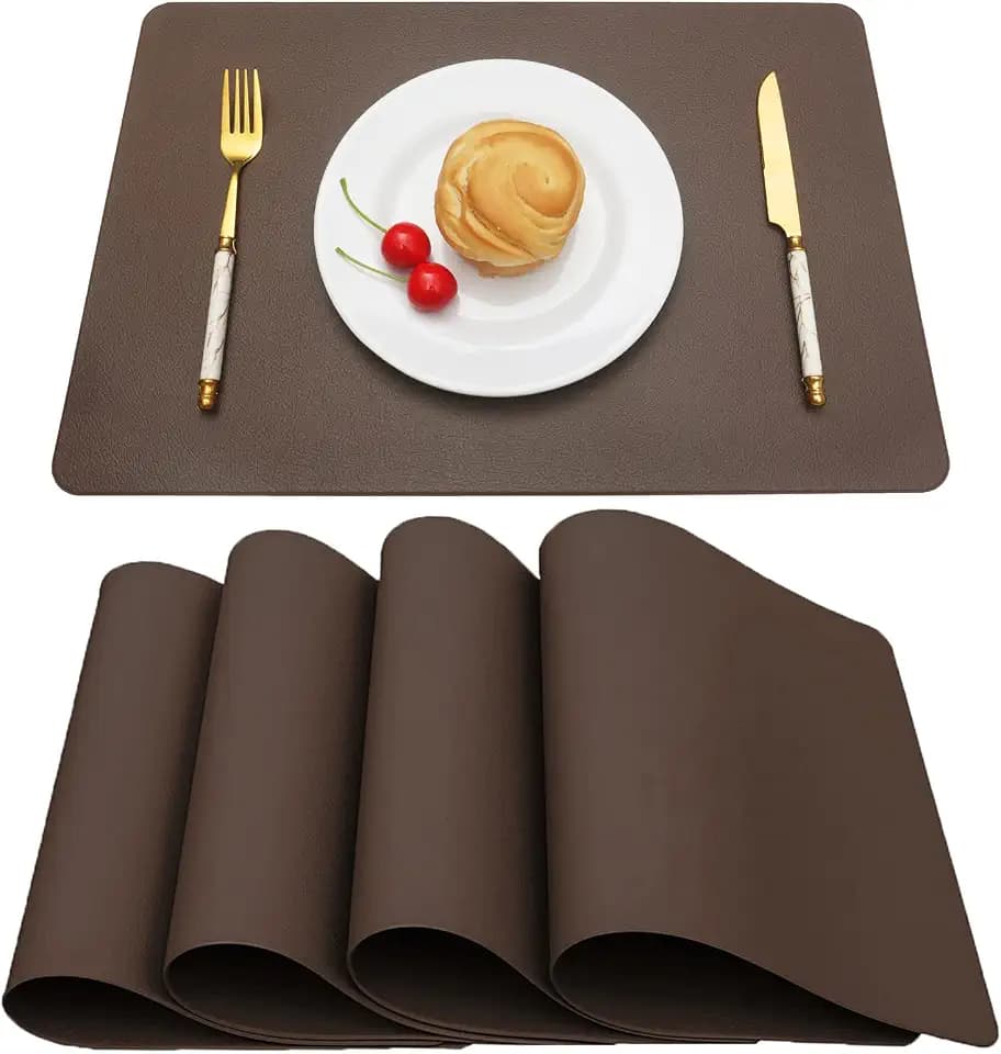 Vinjiasin Placemats Set of 4 Brown Leather Place Mats for Indoor Outdoor Kitchen Dining Table Mats Fall Waterproof Wipeable Easy to Clean Heat Resistant Sturdy Reversible