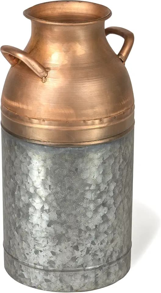 Red Co. 16” Tall Large Decorative Galvanized Metal & Copper Jug Vase with Handles, Distressed Grey/Rose Gold