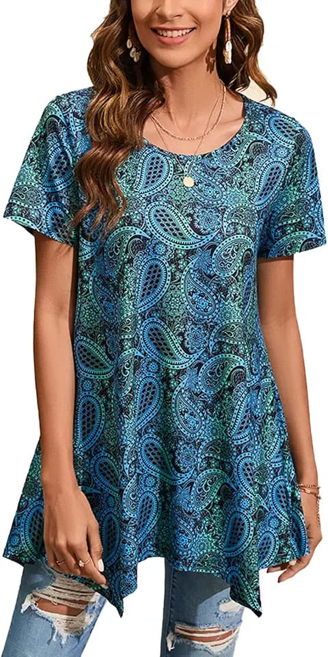 ENMAIN Tunic Tops for Women Plus Size Short Sleeve Top Loose Fit Dressy Casual Swing Summer Tunics Tops to Wear with Leggings