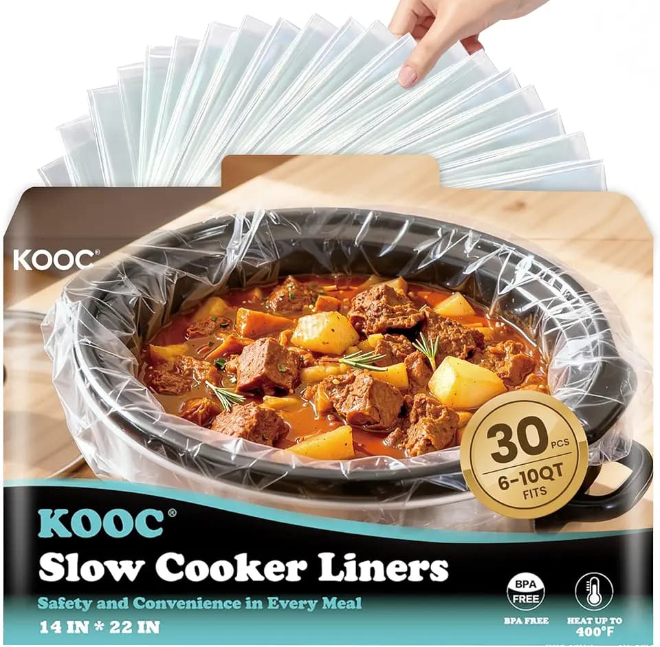 KOOC 30 Count Slow Cooker Liners, Fits 6–10 Qt Pots, 14" x 22" Large Size | Disposable Cooking Bags, Heat Resistant Up to 400°F, Leakproof Design, Durable Nylon Blend, BPA Free, for Round & Oval Pots