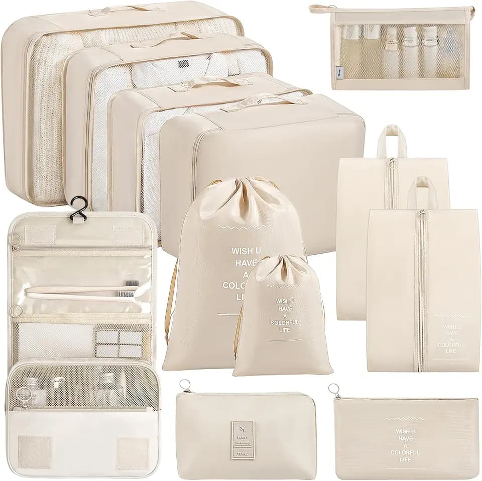 12-teiliges Koffer Organizer Set, Packing Cubes Set, Beige