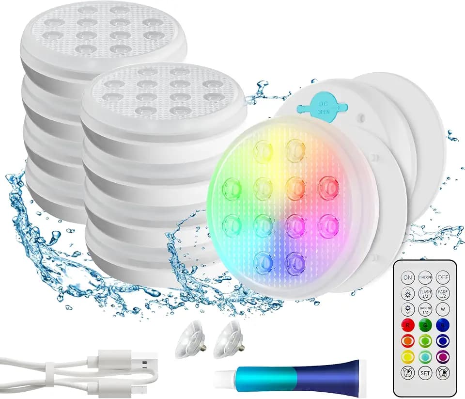 QOLNBY Pool Lights(8 Pack), Rechargeable Submersible LED Lights, IP68 Waterproof Underwater Lights,16 Color Changing Floating Lights with Remote, Magnets, Suction Cups for Bathtub,Pond,Party