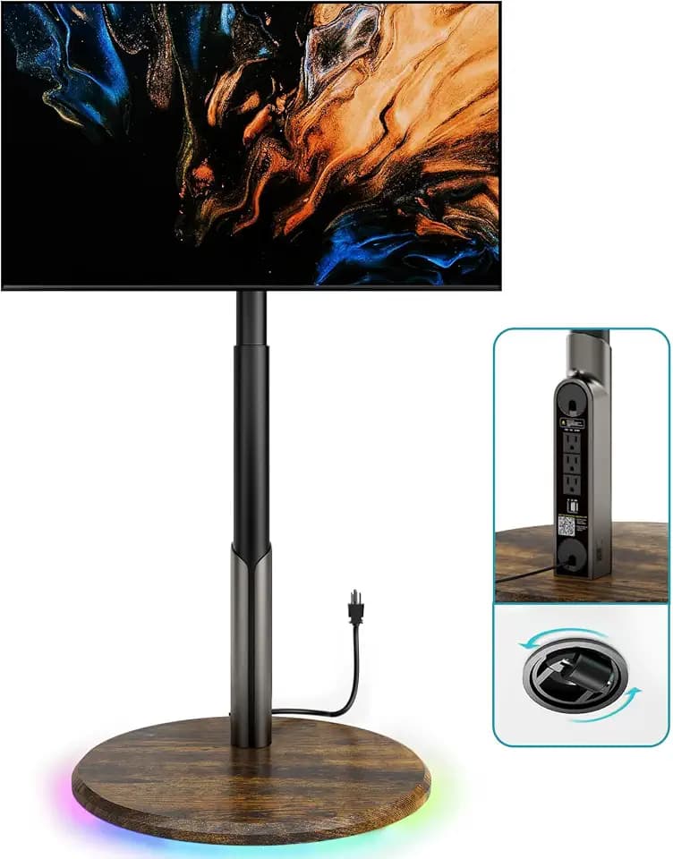 Mobile TV Stand with Power Outlet, Rolling TV Cart for 27-70 Inch OLED LED Monitors, 6 Levels of Height Adjustment, Ambient RGB Lighting on The Bottom Wheels Holds up to 88lbs