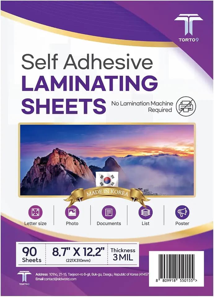 T TORTO9 Peel & Stick Self Adhesive Laminating 90 Sheets, 3mil Thickness, No Heat Required, Machine-Free, Clear Contact Paper for Documents and Crafts (Letter Size) - Made in Korea