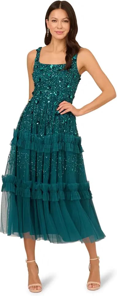 Adrianna Papell Sleeveless Floral Beaded Ruffle Midi Dress