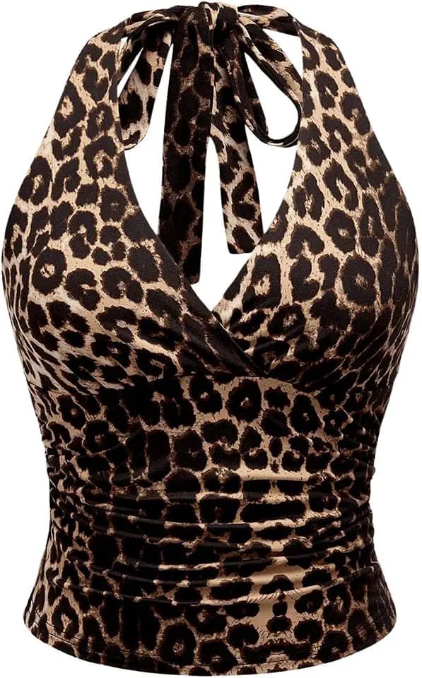 WDIRARA Women's Leopard Print Halter Crop Cami Top