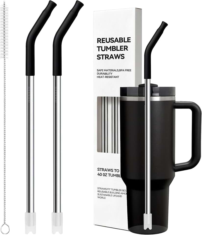 Snowfall Metal Straws With Silicone Tip for Stanley Quencher 40 oz Tumblers, 12.2'' Long Stainless Steel Straws with Clean Brush, Reusable Straw Replacement For Stanley Cups, Dishwasher Safe(Black)