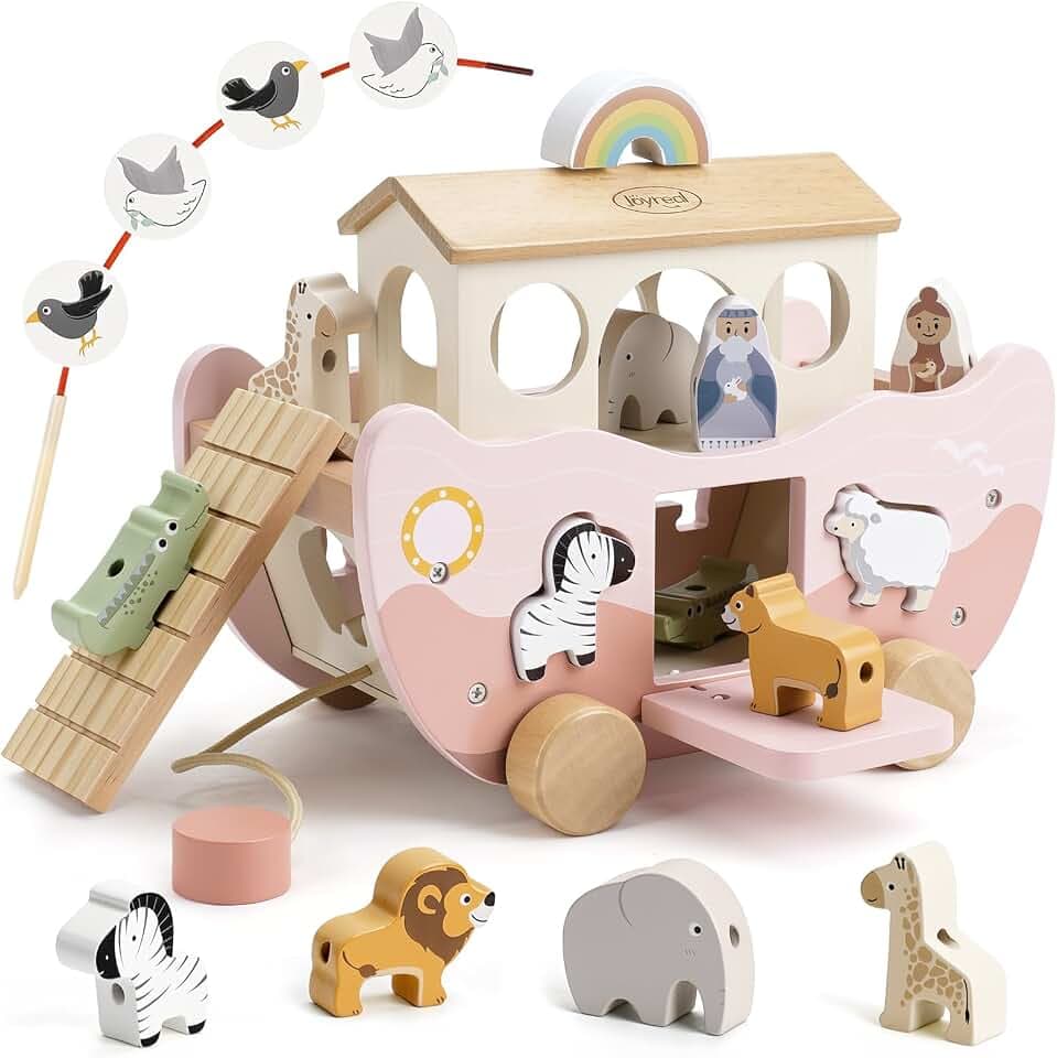 Joyreal Arche Noah Holz - Geschenk Taufe, Taufgeschenke für Jungen Mädchen Kinder, Montessori Spielzeug ab 1 2 3 Jahr, Holzspielzeug Sortier Stapel, Lernspielzeug mit Bauernhof Spielzeug