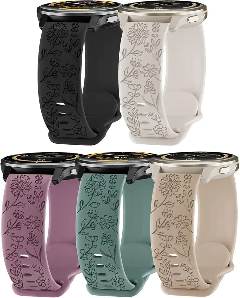 5 Pack 22mm Floral Engraved Watch Bands Compatible with Garmin Venu 4 Watch Band 45mm/Venu 3/Venu 2/Vivoactive 4 /Forerunner 265/255/255 Music,Soft Silicone Sport Straps for Women Men