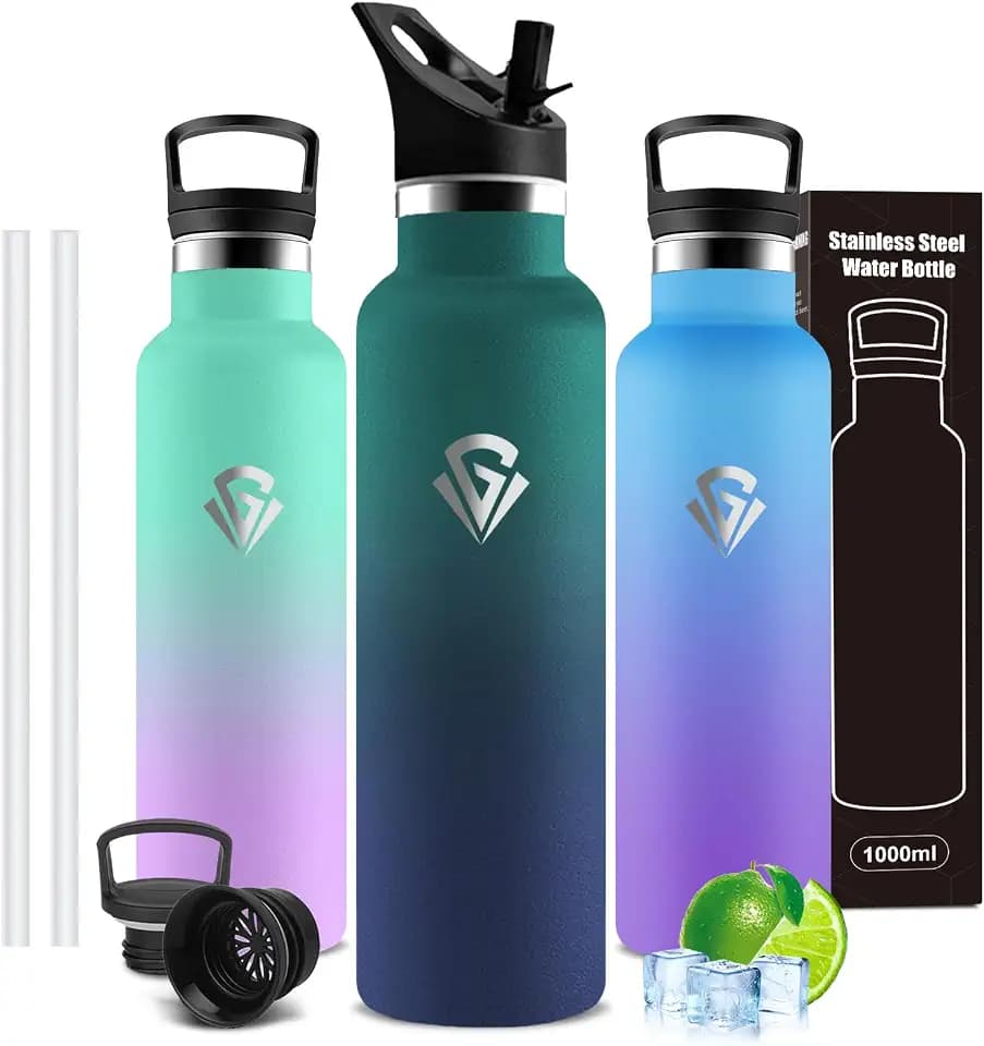 Trinkflasche Edelstahl, Trinkflasche 1l Sport, mit Strohhalm, für Büro