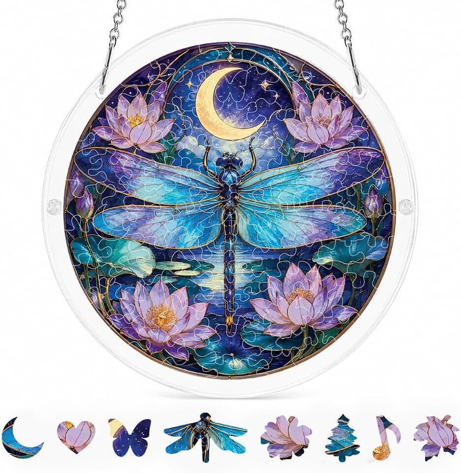 Dragonfly Puzzle Suncatcher, Acrylic Jigsaw Window Hanging Decor, 7.4 in