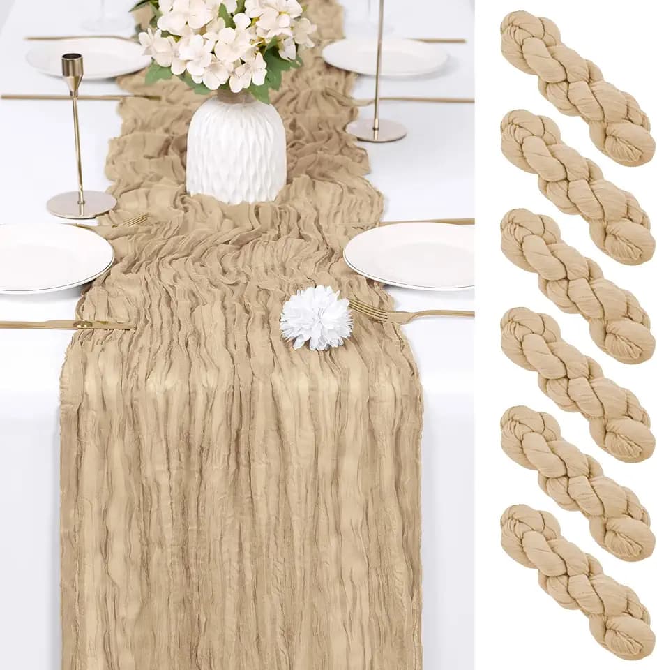 6 Pack Beige Cheesecloth Table Runner 17x108 Inch Semi Sheer Boho Gauze Cheese Cloth Fabric Table Runners Table Decor for Wedding Party Baby Shower Birthday Home Decor Garden Farmhouse