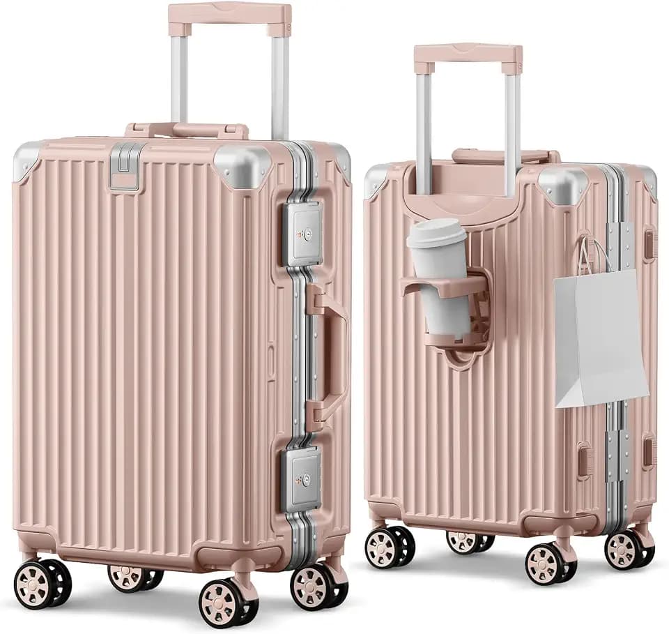 Carry on Luggage Aluminium Frame with Cup Holder, 20 Inch Zipperless Luggage with Spinner Wheels,Carry On Suitcase 22x14x9 Airline Approved for Business Travel