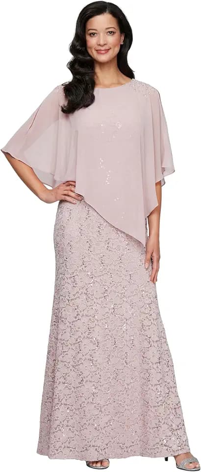 S.L. Fashions Women's Long Sequin Lace Beaded Capelet Overlay Mother of The Bride Dress, Formal Evening Gown