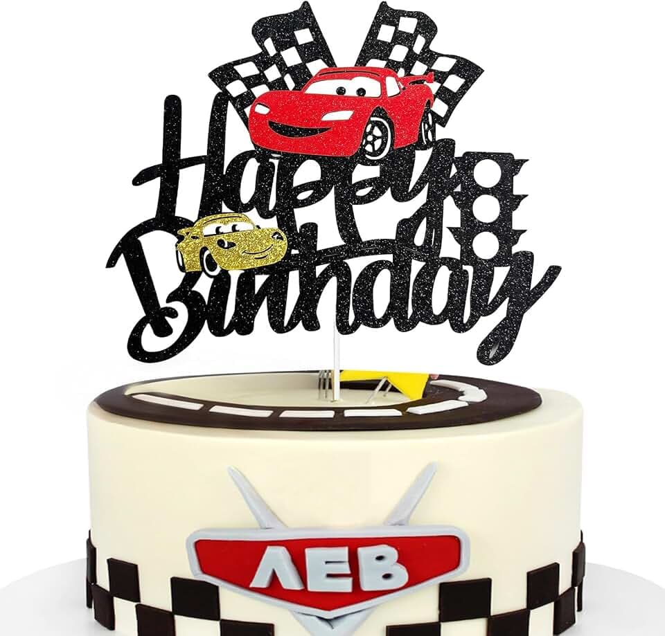 MEMOVAN Car Birthday Cake Topper Race Car Cake Decoration for Boy Girl Man Racing Car Checkered Flag Themed Birthday Party Supplies Double Sided