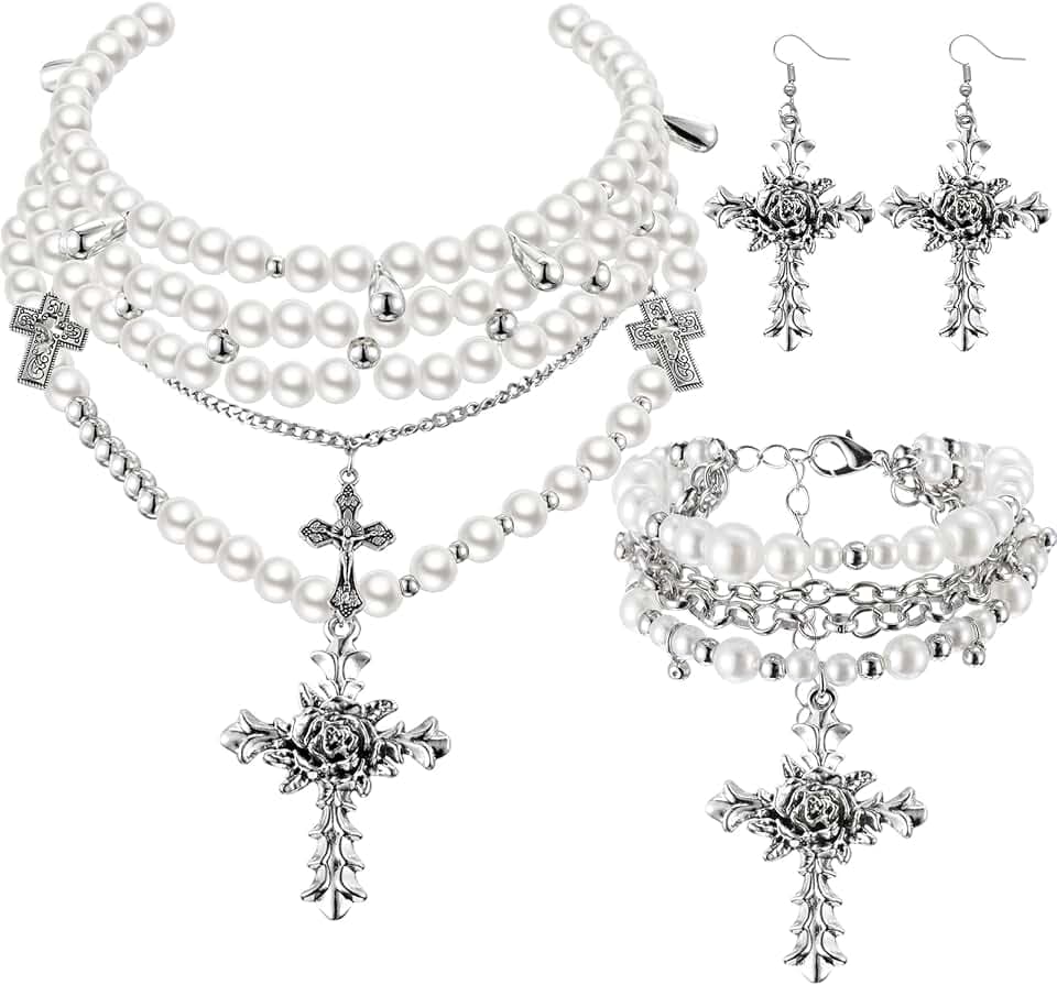 Tondiamo 3 Pcs Goth Jewelry Set Pearl Cross Necklace